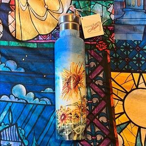 Primitives by Kathy Blue Stainless Water Bottle with Yellow Sunflower Design